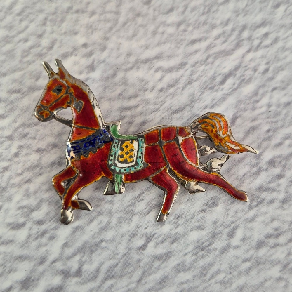 Vintage Siam Sterling Silver Enamel Horse Brooch Equestrian Pin Red Multi